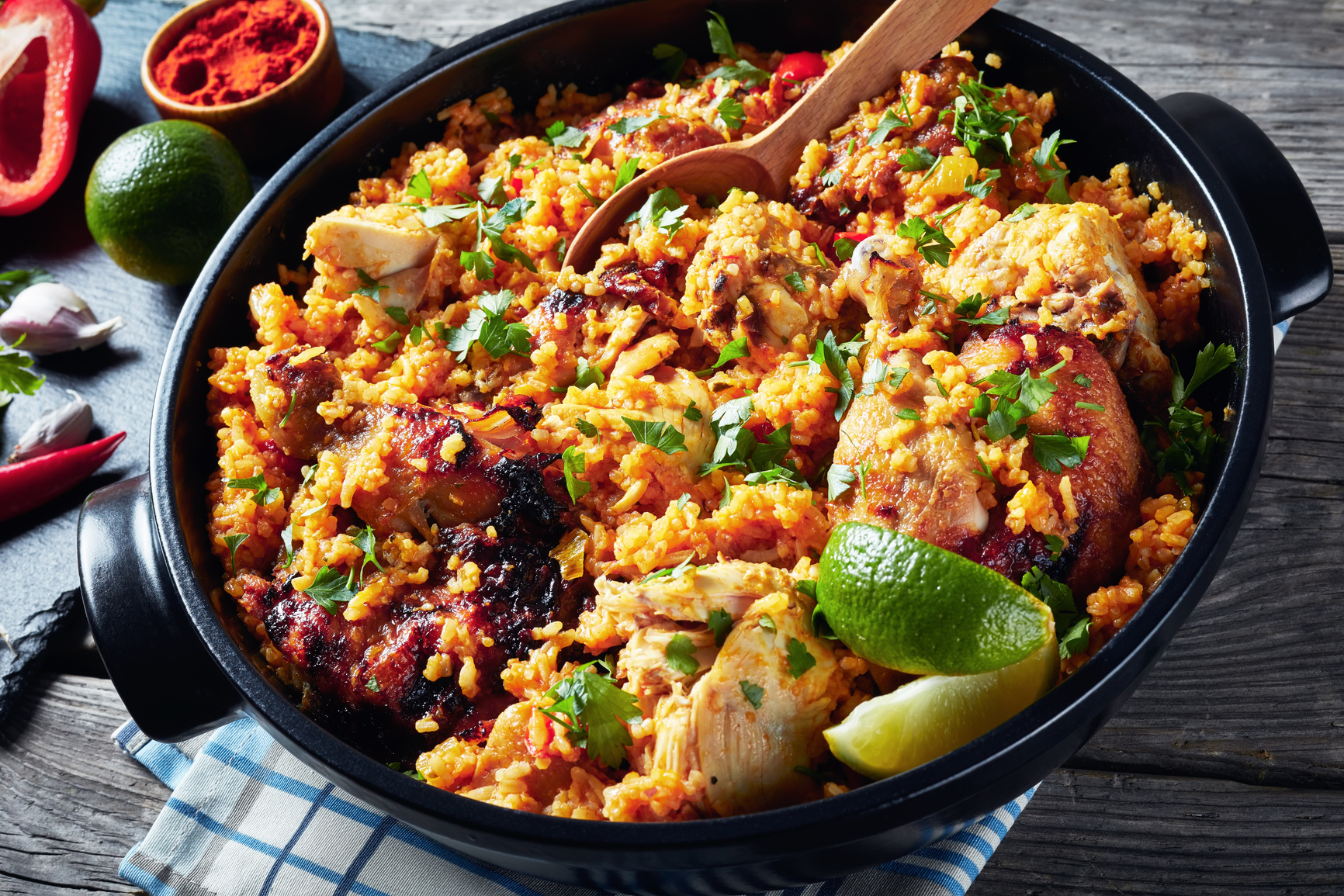 Arroz con pollo, spanish cuisine, white long grain rice with chicken and vegetables